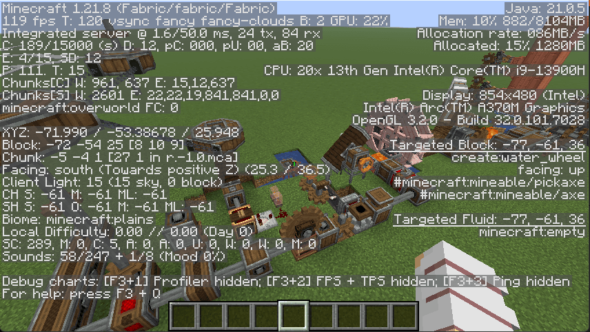 Create Fly sur Fabric dans Minecraft Interface de Minecraft avec le mod Create Fly installé sur Fabric