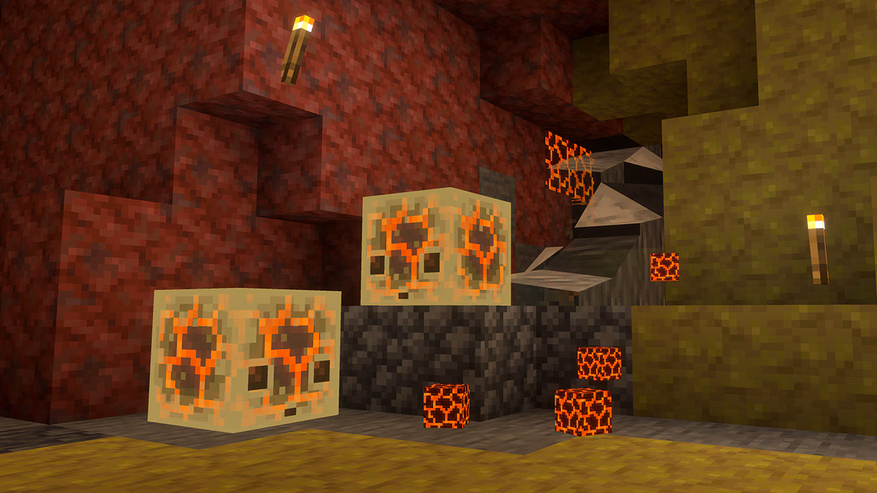 Cube de soufre ayant absorbé un bloc de magma dans une caverne de soufre Minecraft