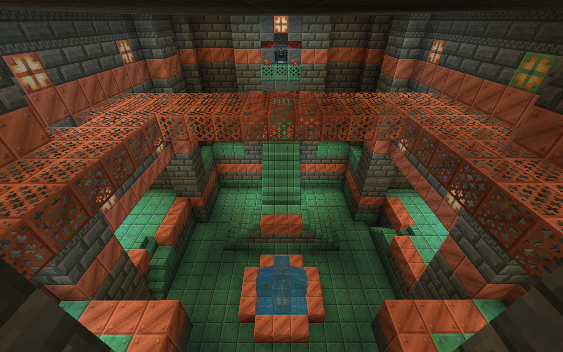 Chambre des épreuves construite avec des blocs de cuivre dans Minecraft.