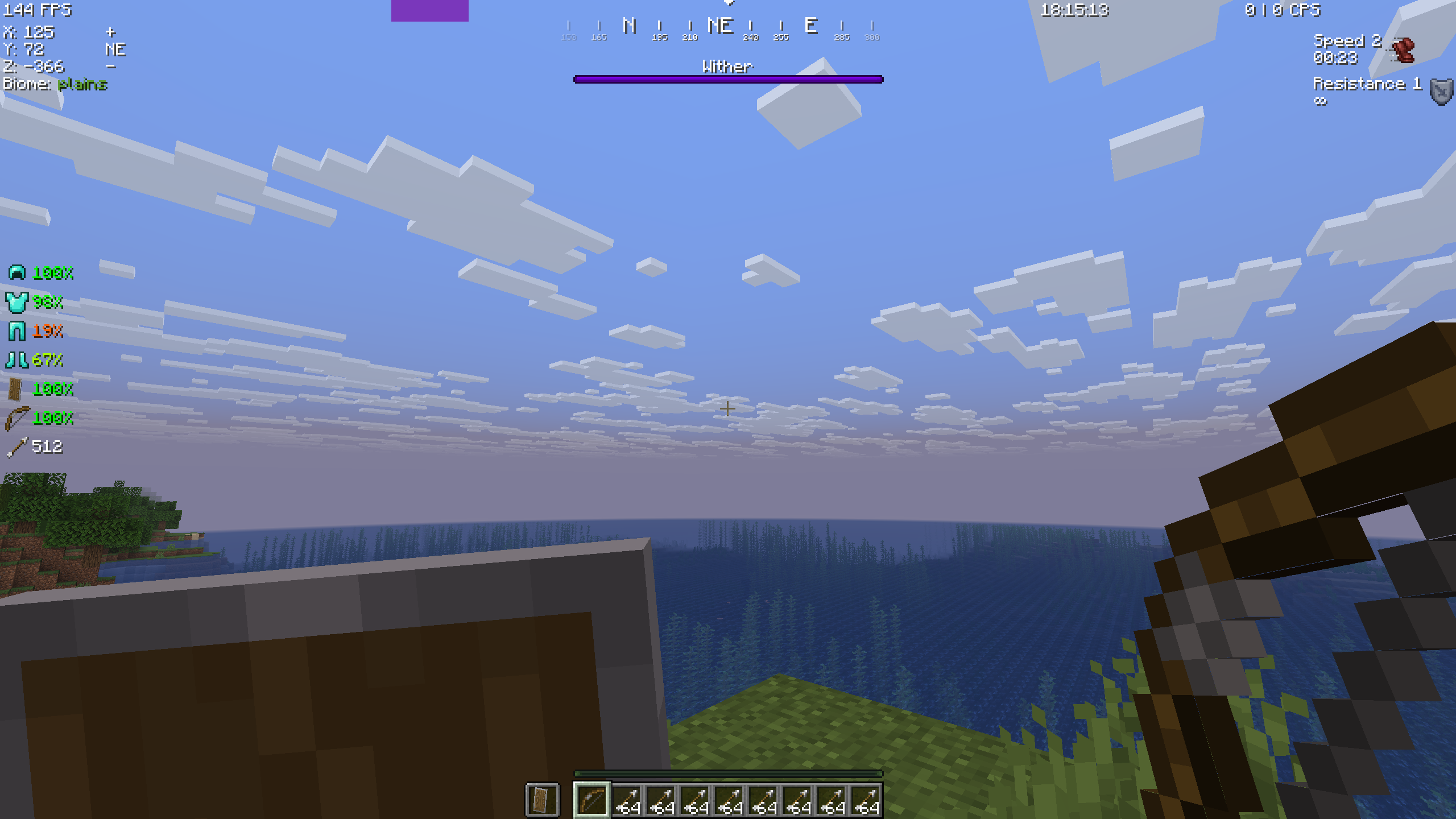 Interface par défaut de Flex HUD dans Minecraft avec plusieurs modules activés, dont les coordonnées, les FPS et la durabilité