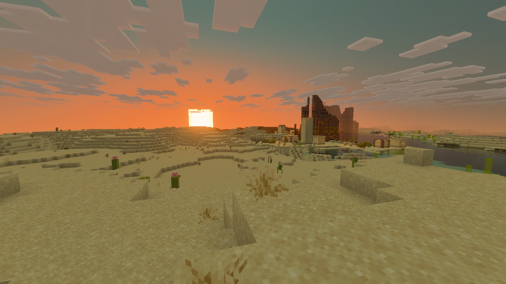 Désert Minecraft au coucher du soleil, avec dunes et reliefs de sable.