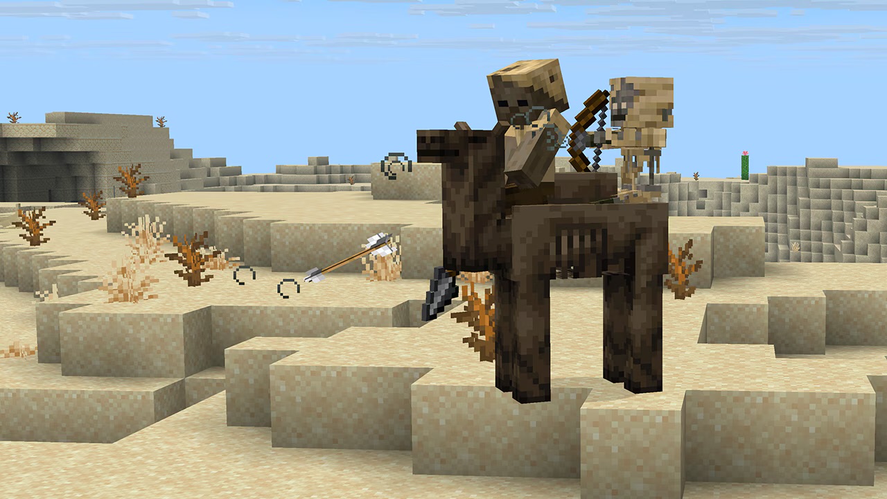 Desséché et momie montés sur un dromadaire momifié dans un désert Minecraft.