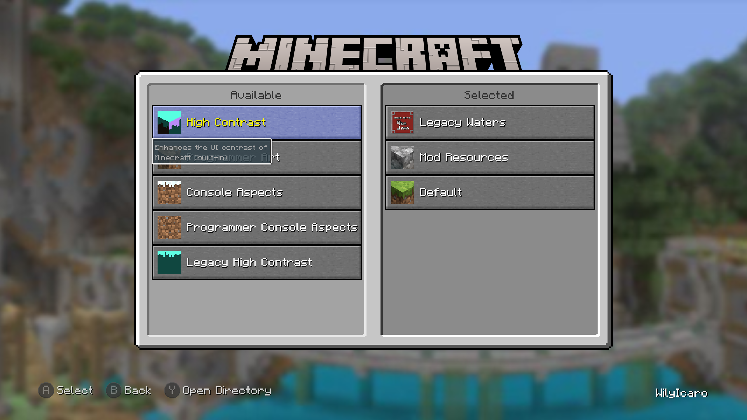 Menu des packs de ressources de Minecraft Java revisité par le mod Legacy4J