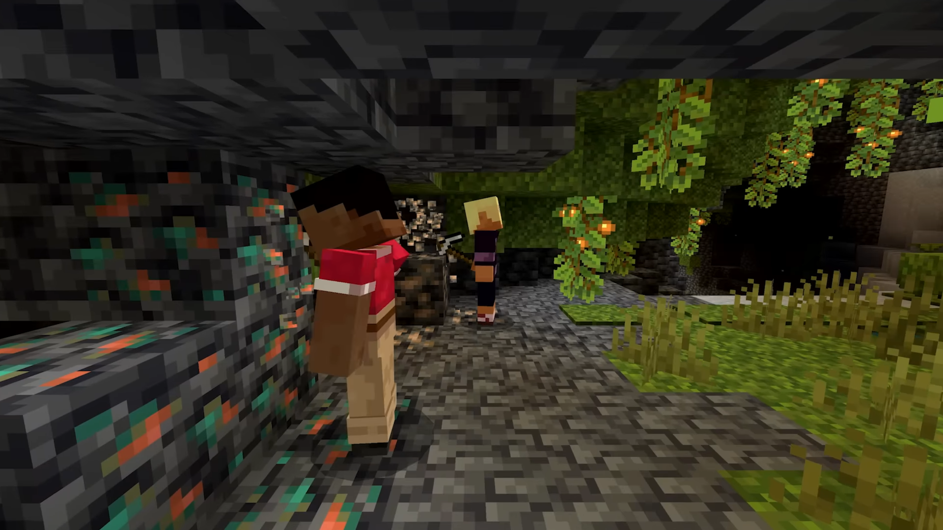 Joueur récoltant des ressources dans une caverne luxuriante de Minecraft.