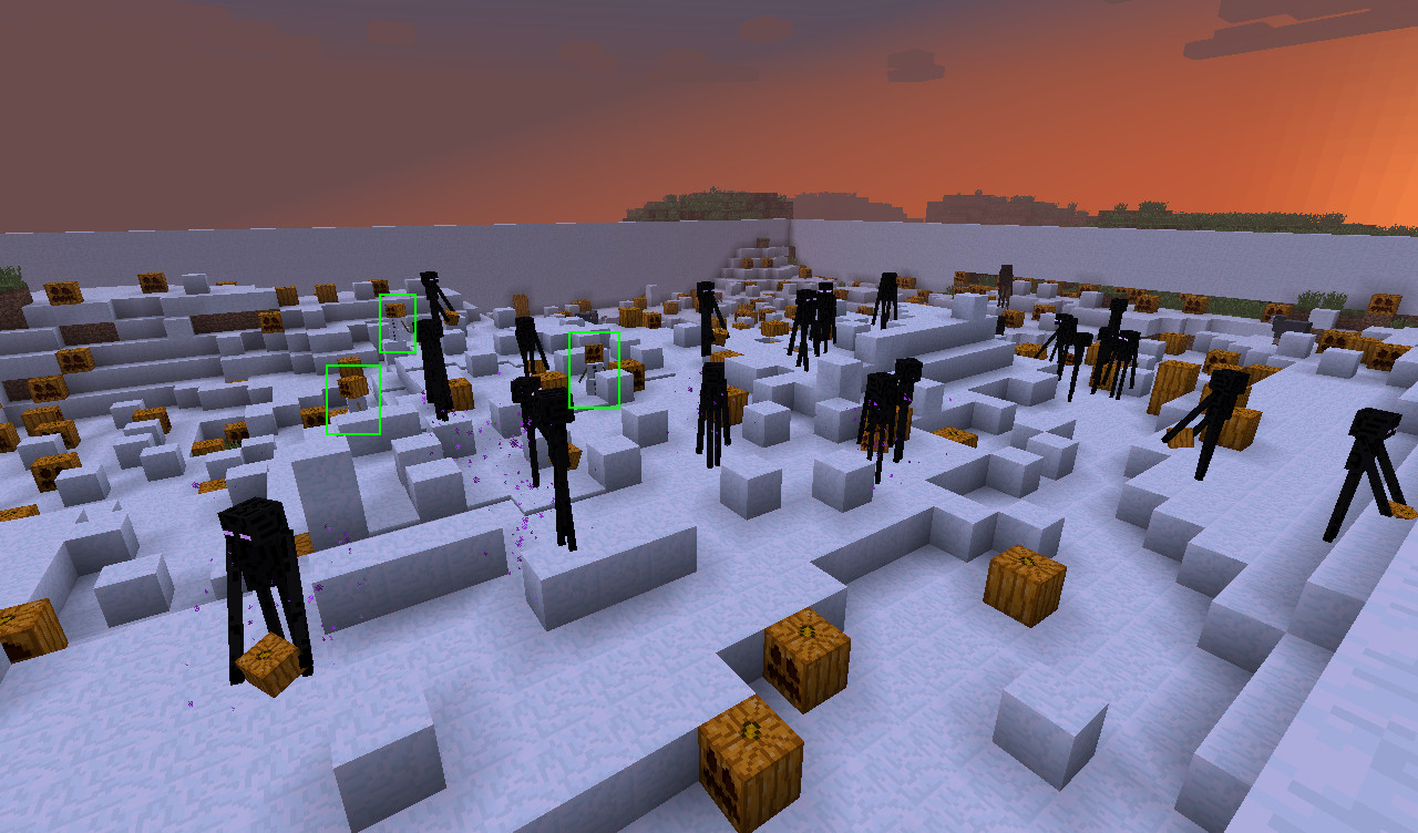 Enderman plaçant une citrouille dans une ferme à golems de neige dans Minecraft.