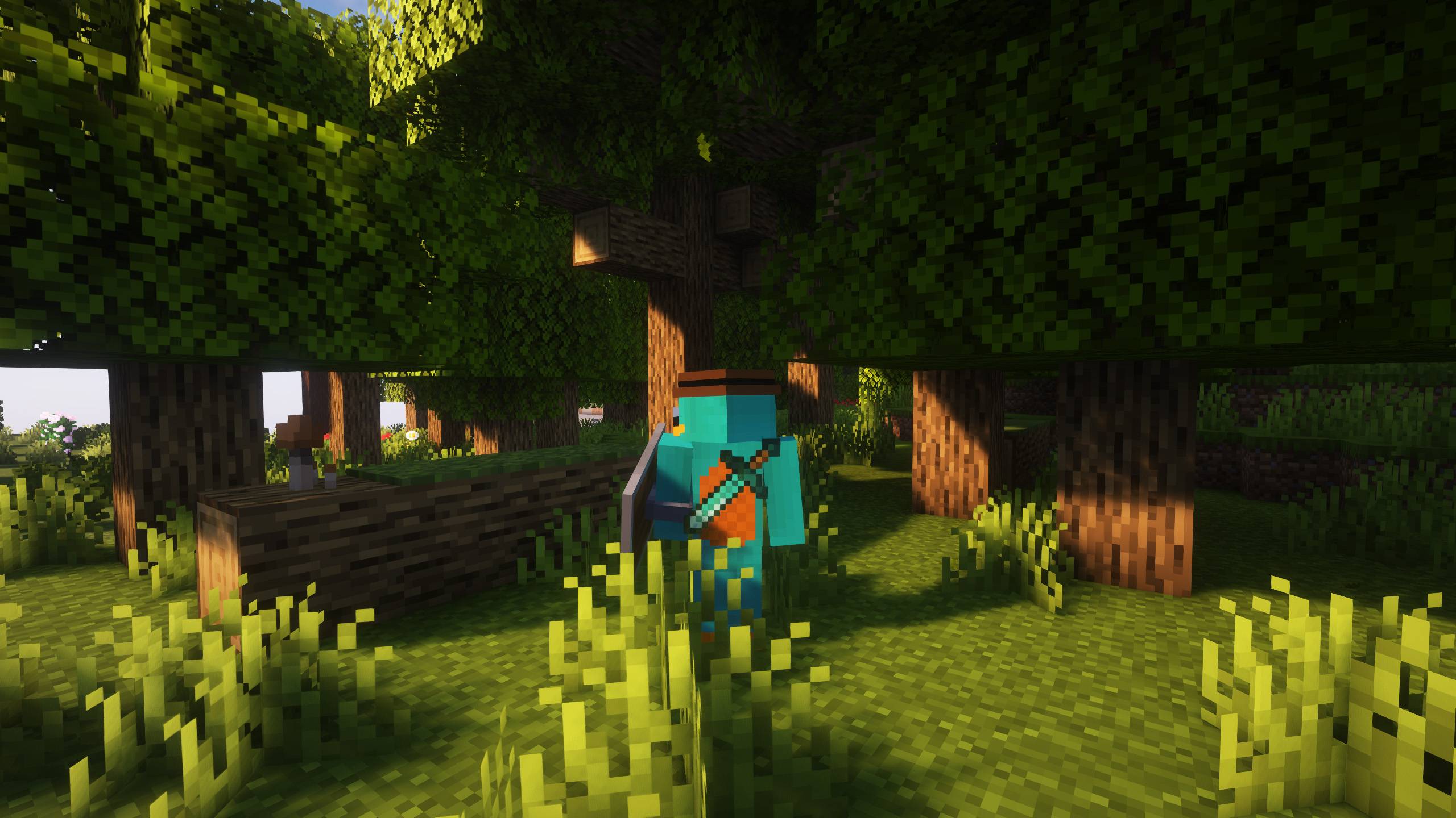 Forêt Minecraft avec végétation dense et feuilles tombant des arbres dans le modpack More Realistic
