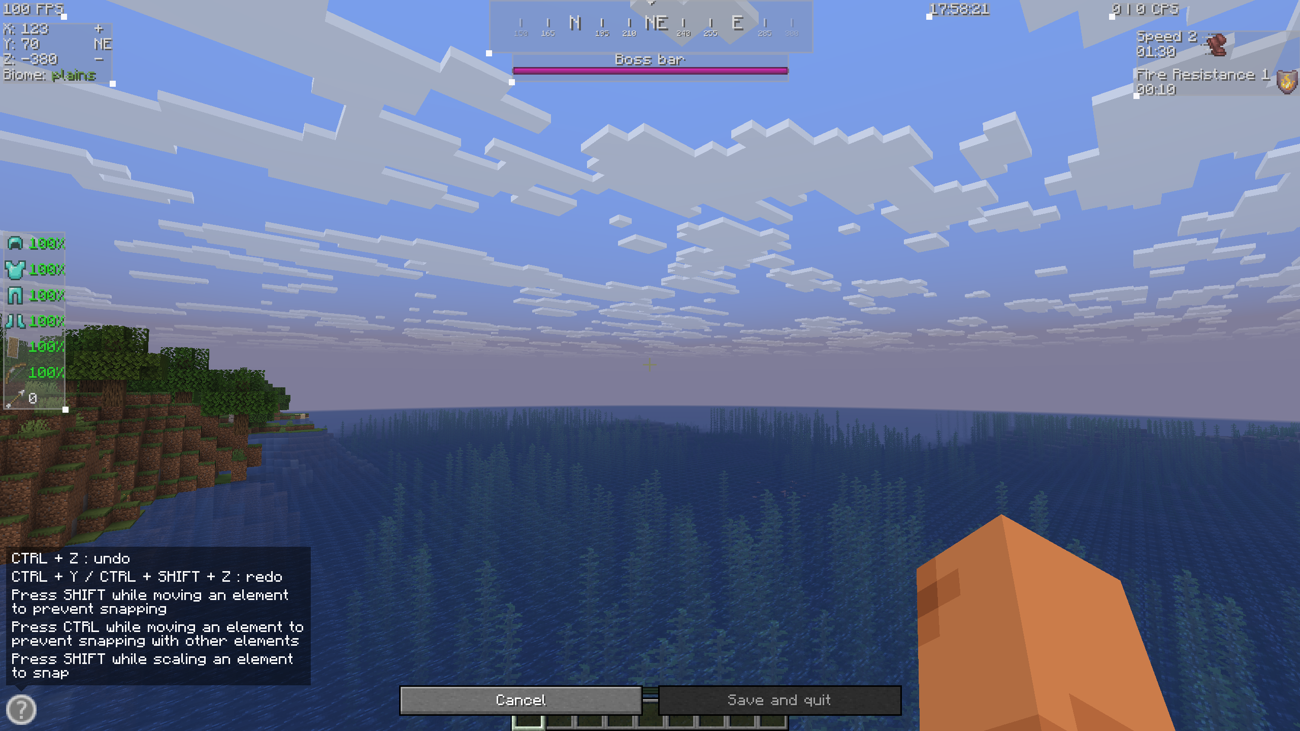 Éditeur de Flex HUD dans Minecraft avec plusieurs modules déplacés et redimensionnés à l’écran