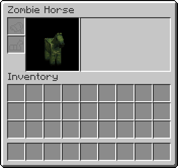 Inventaire d’un cheval zombie apprivoisé dans Minecraft, avec les emplacements pour la selle et l’armure.