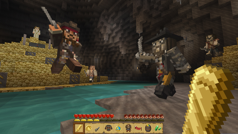 Interface de Minecraft transformée par le pack Pirates of the Caribbean Mash-up avec une barre de vie, des objets et des textures inspirés de l’univers pirate