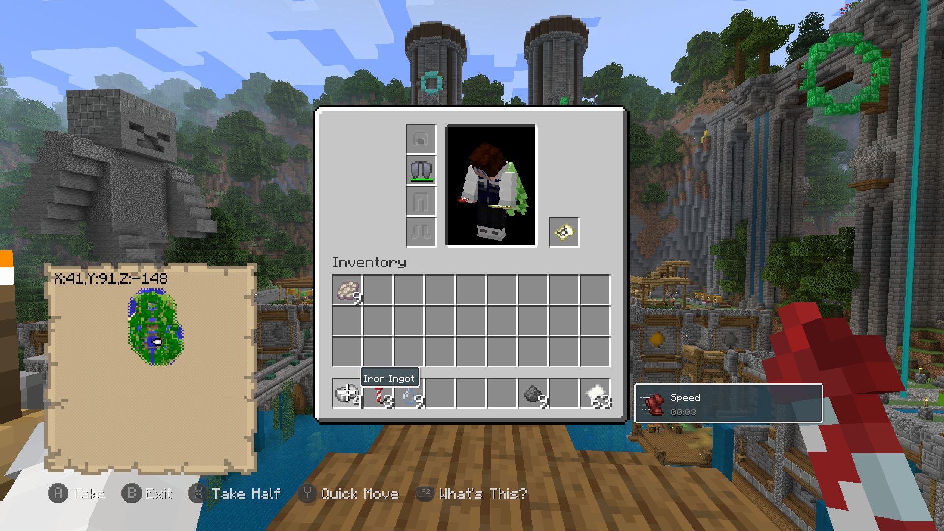 Inventaire de Minecraft Java affiché avec l’interface console du mod Legacy4J
