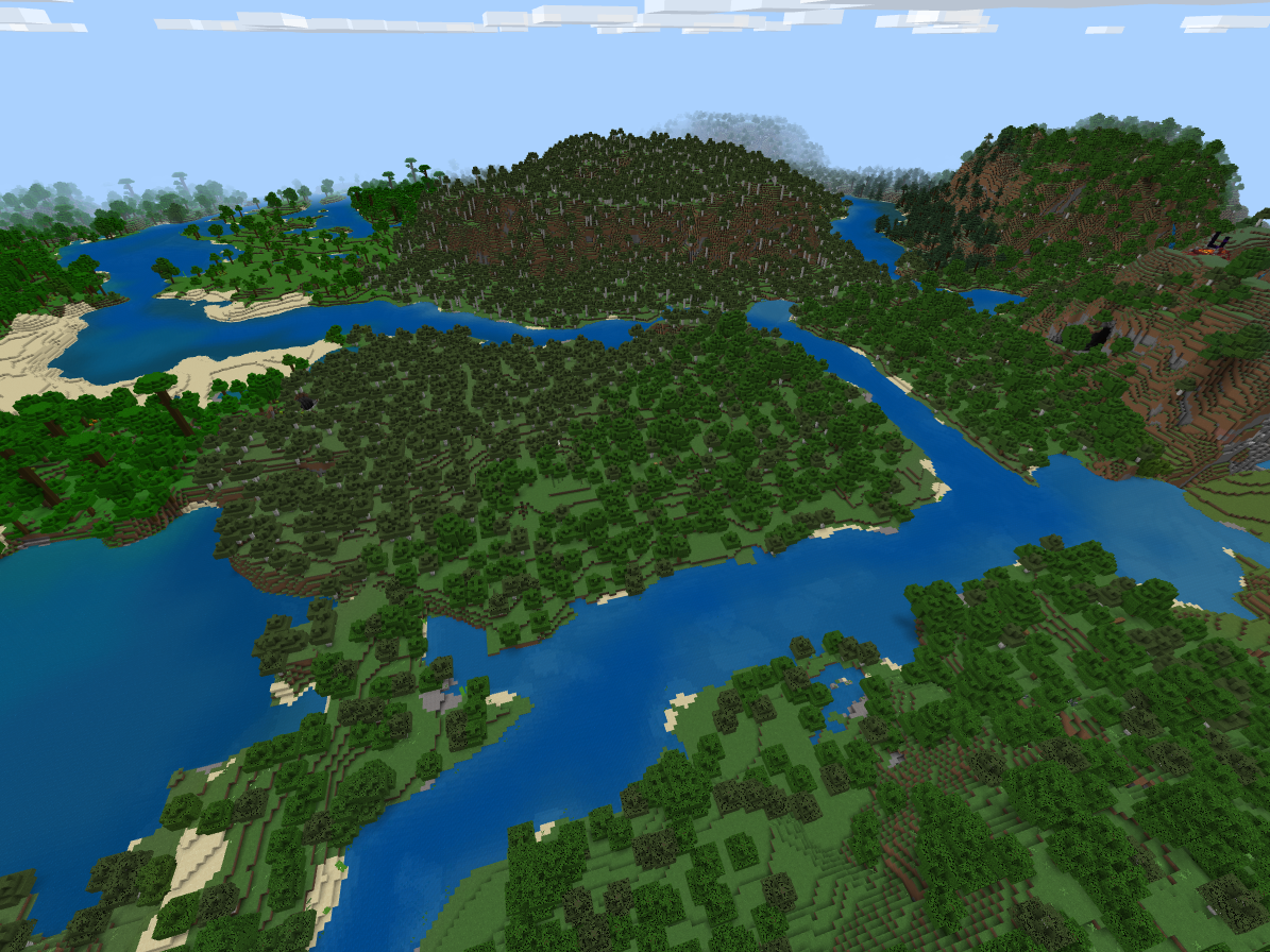 Vue aérienne d’une forêt de Minecraft avec une canopée de chênes et de bouleaux.