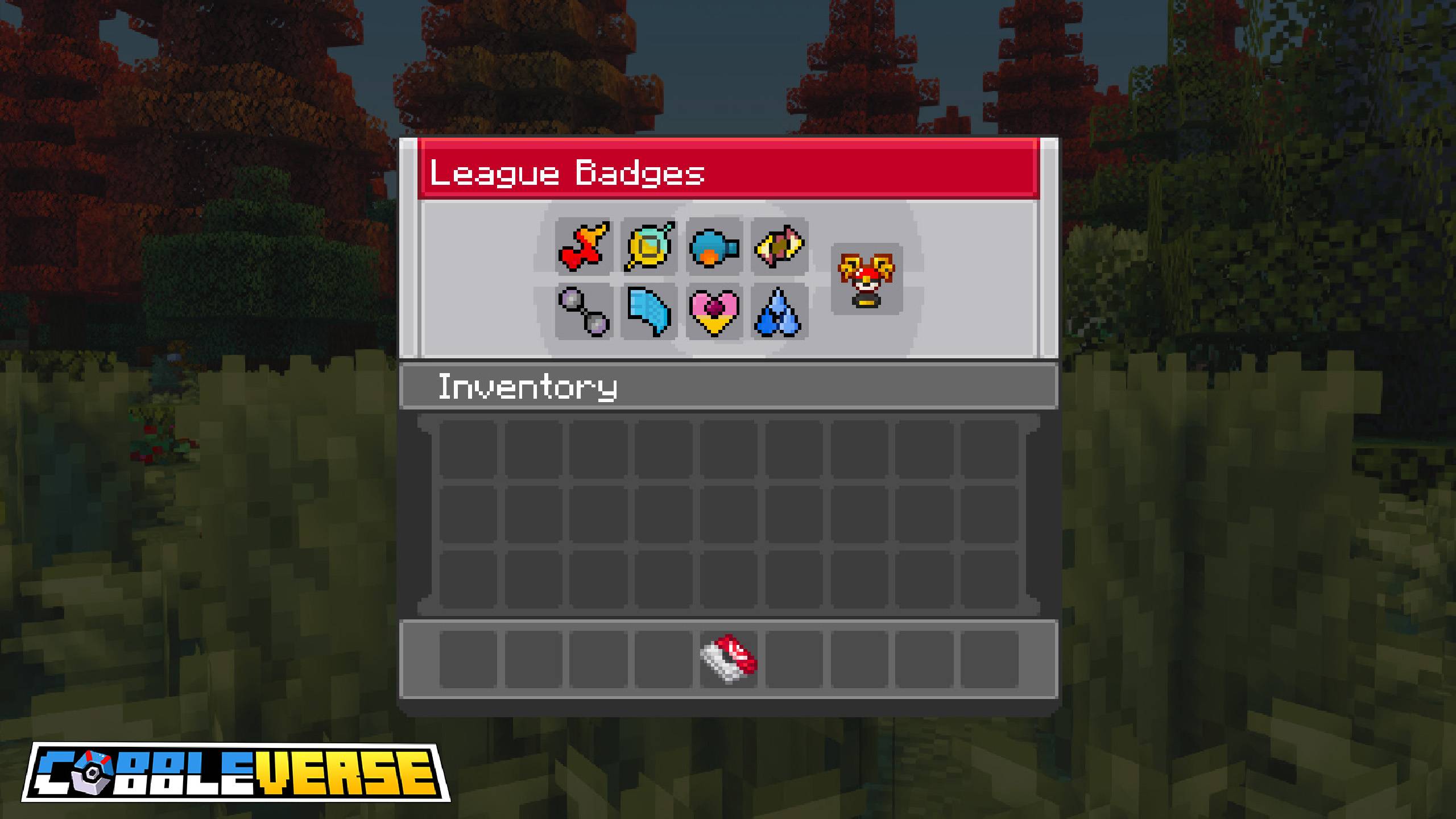Collection de badges de ligue Pokémon dans le modpack Minecraft COBBLEVERSE