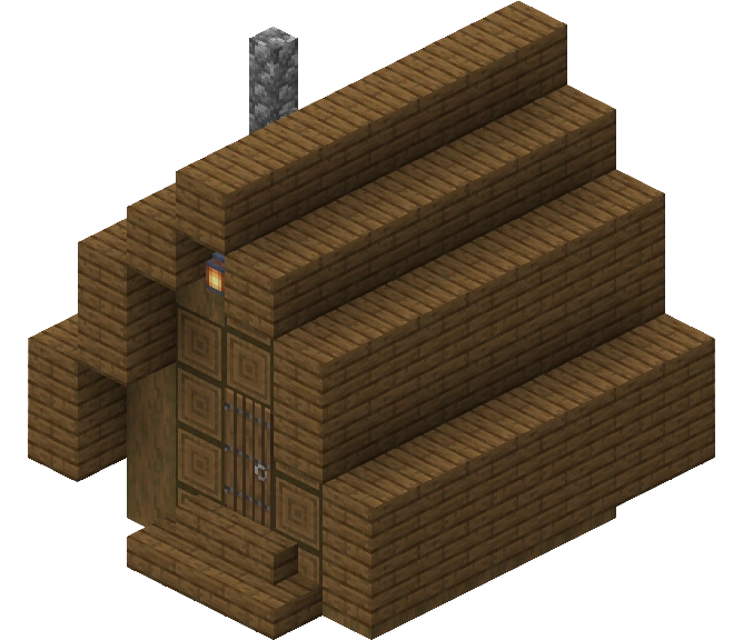 Maison d’un village enneigé de Minecraft éclairée par des lanternes.