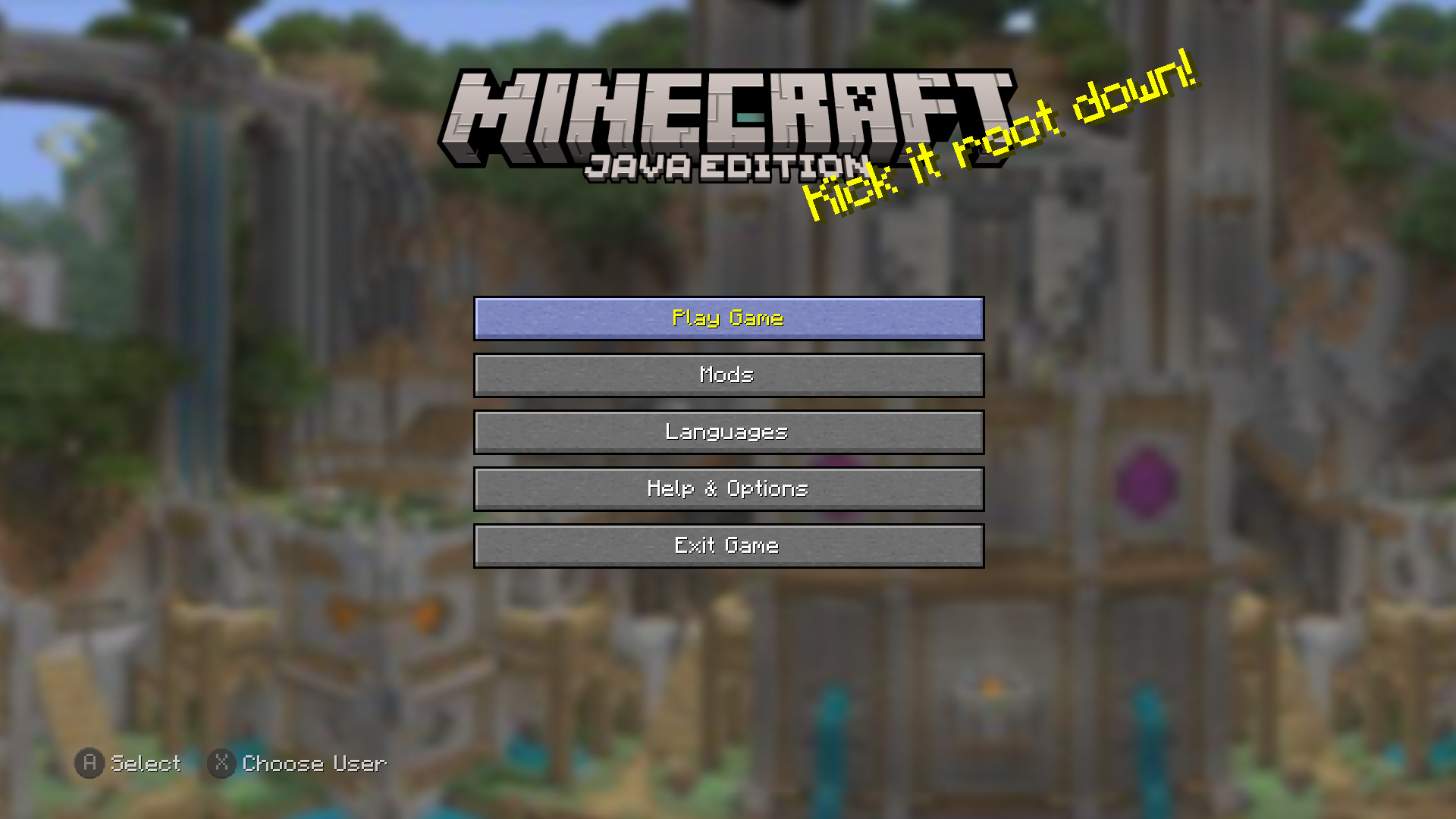 Menu principal de Minecraft Java modifié par Legacy4J dans le style Legacy Console Edition