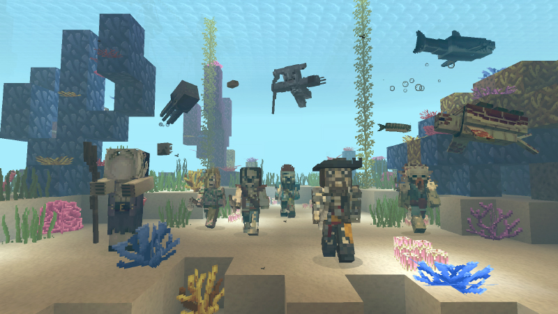 Personnages et créatures avec modèles personnalisés sous l’eau dans Minecraft avec le pack Pirates of the Caribbean Mash-up