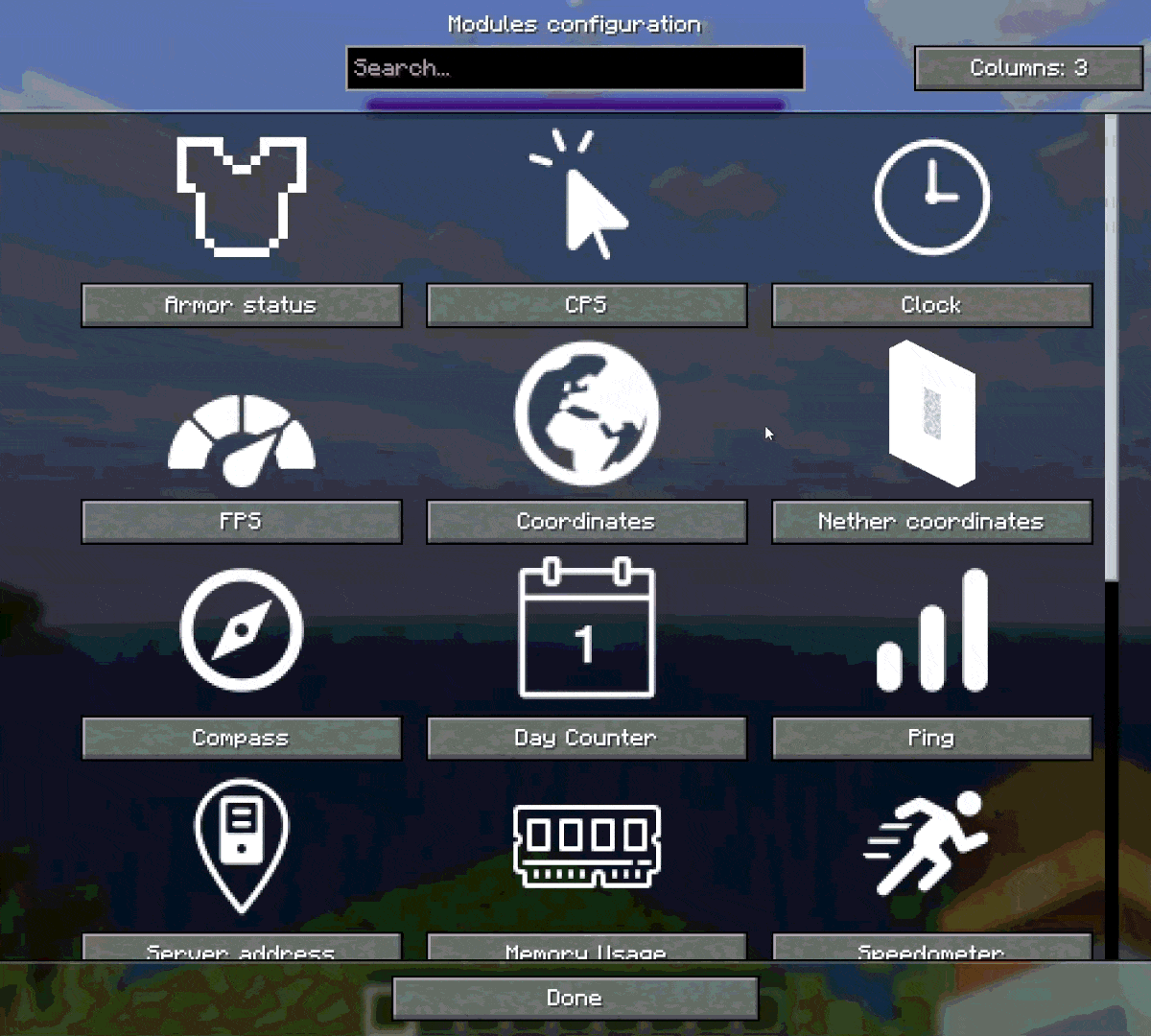 Liste animée des modules disponibles dans Flex HUD avec barre de recherche et colonnes personnalisables
