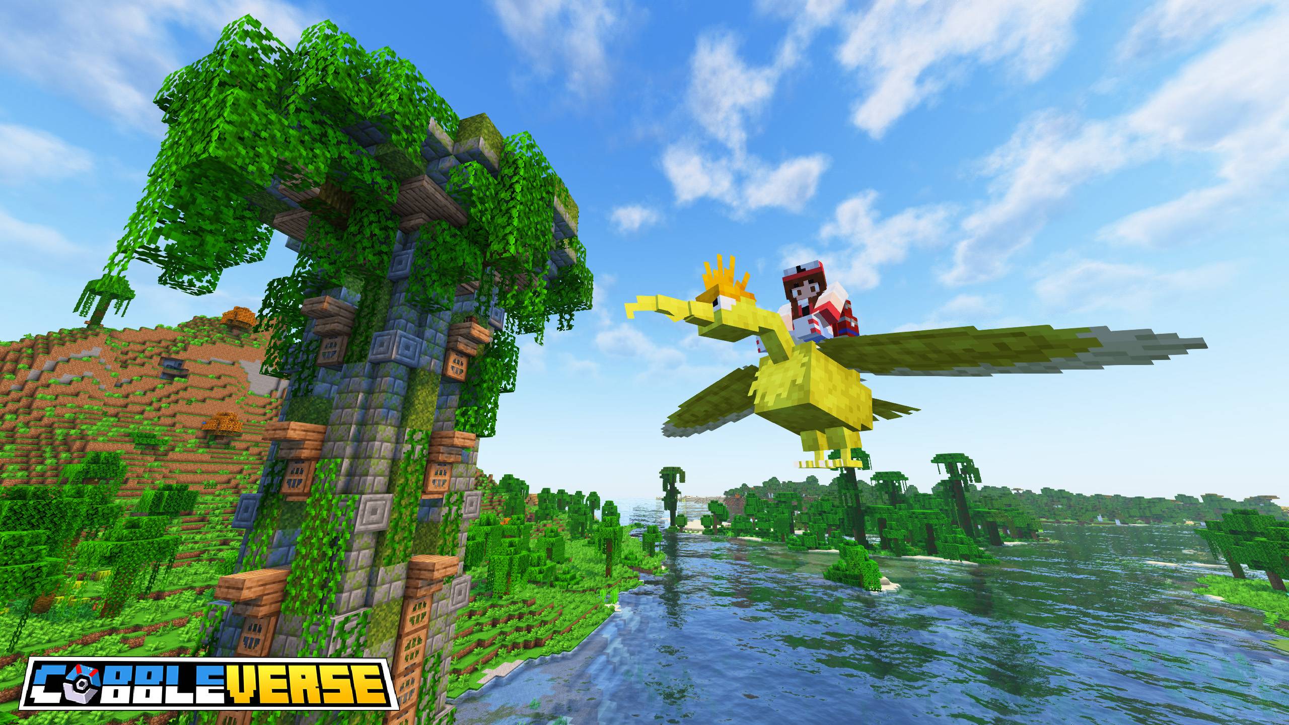 Joueur montant un Pokémon dans le modpack Minecraft COBBLEVERSE