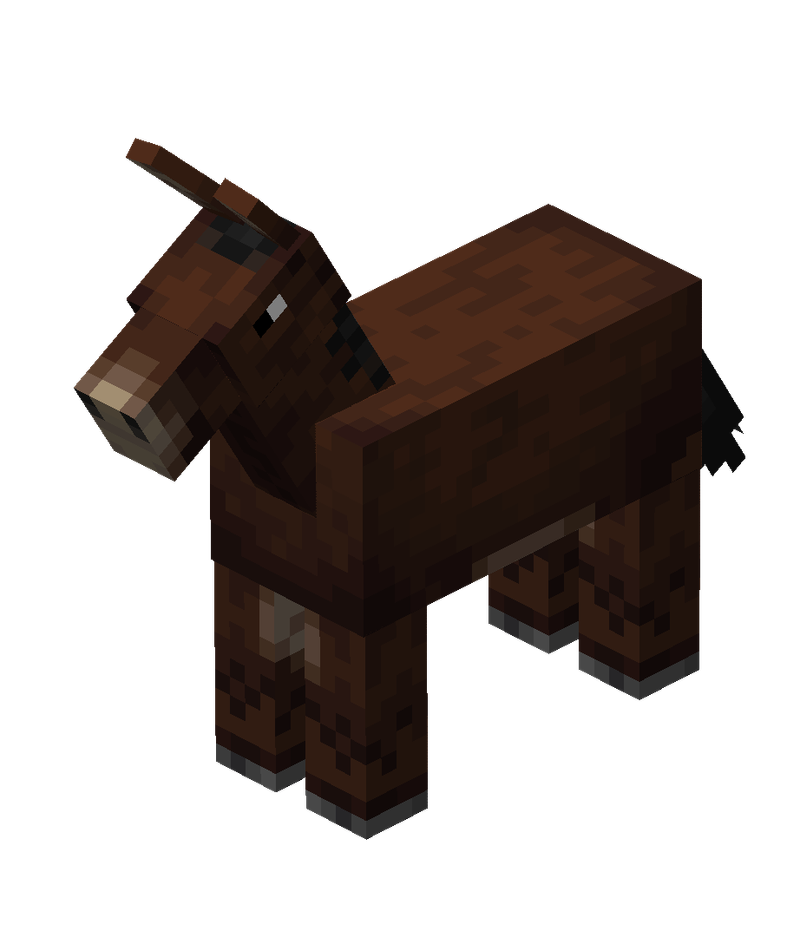Mule adulte et bébé mule dans une plaine de Minecraft, au bord d’un lac et devant une montagne rocheuse.
