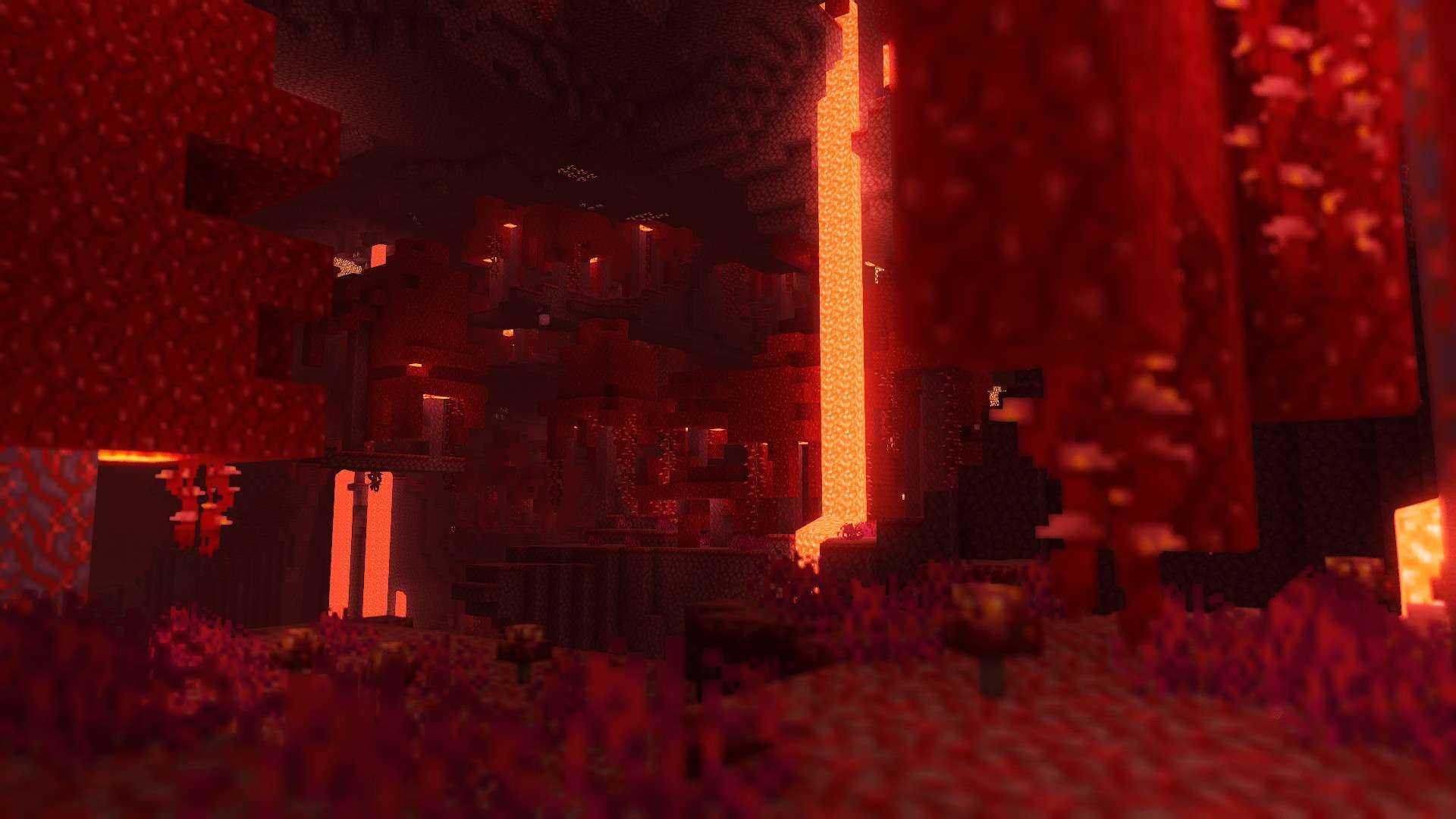 Nether de Minecraft avec E-LITE shaders, lave lumineuse, ombres et ambiance rouge sombre