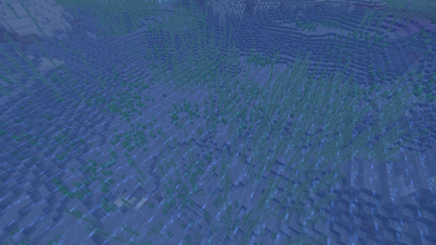 Vue sous-marine d’un océan profond de Minecraft, avec un fond marin très éloigné sous la surface.