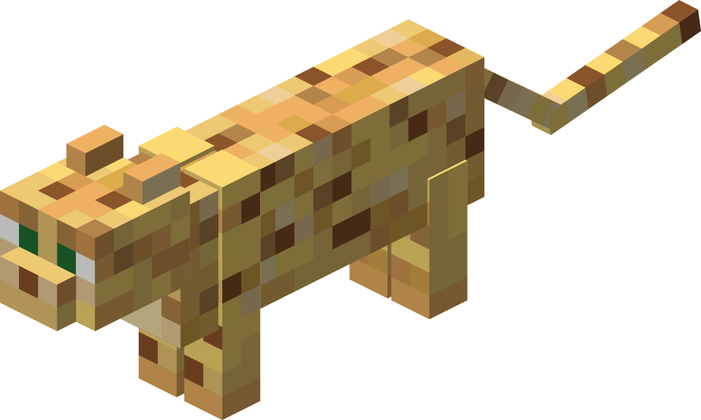 Ocelot adulte dans Minecraft, reconnaissable à son pelage jaune tacheté et à sa longue queue.