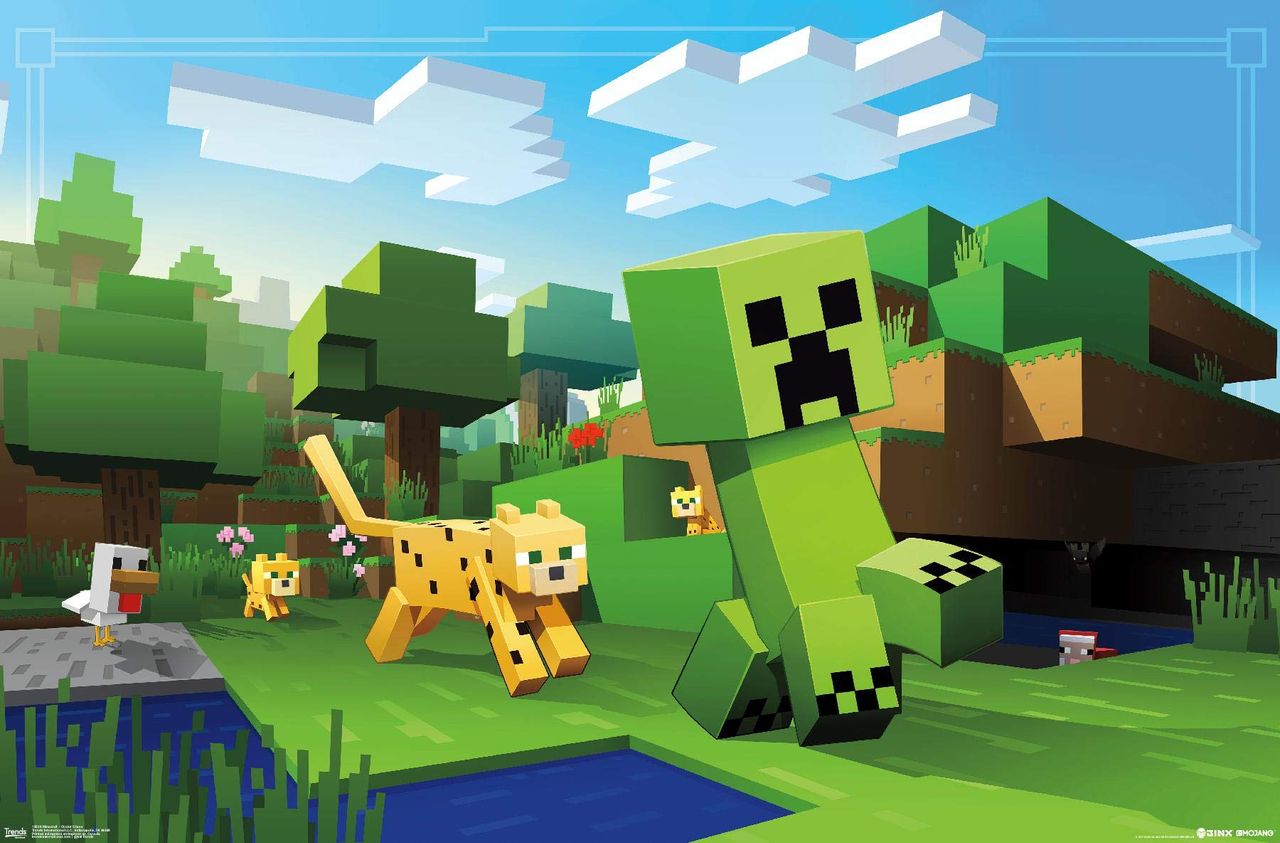 Ocelot de Minecraft près d’un creeper, illustrant le comportement de fuite du monstre.