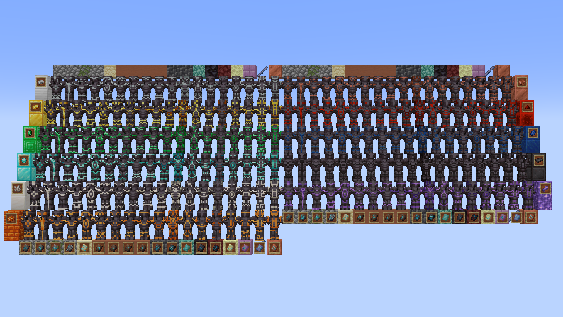 Différents ornements d’armure appliqués à des équipements dans Minecraft.