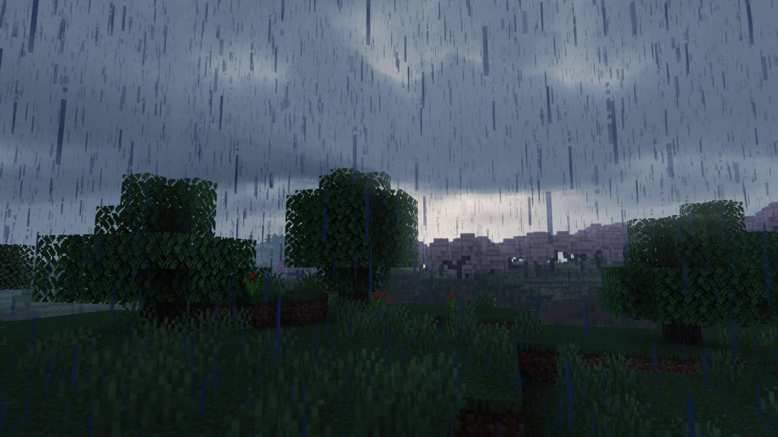 Paysage Minecraft sous la pluie avec E-LITE shaders, ambiance grise, reflets et éclairage atténué