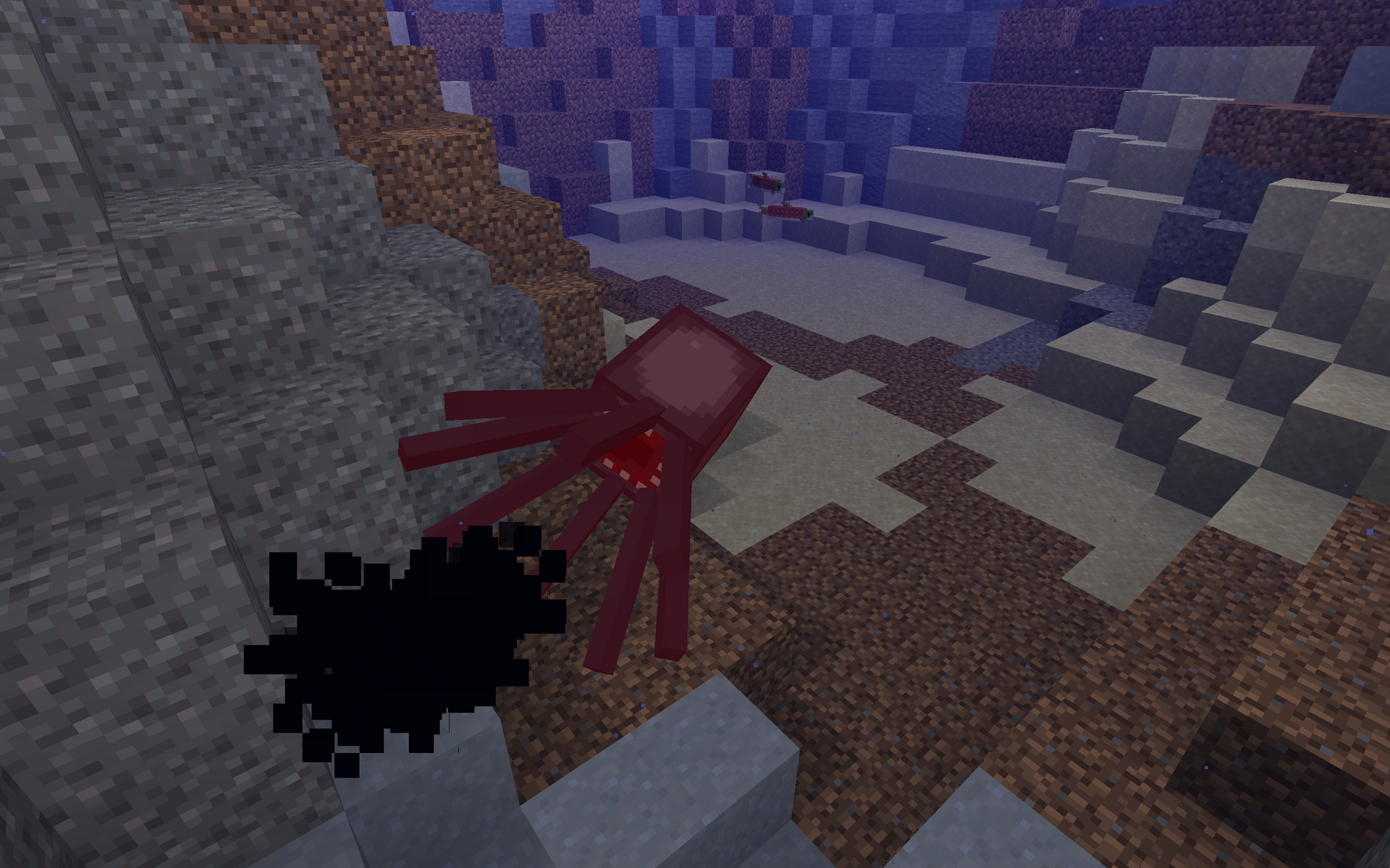 Poulpe de Minecraft libérant un nuage d’encre après avoir été attaqué.