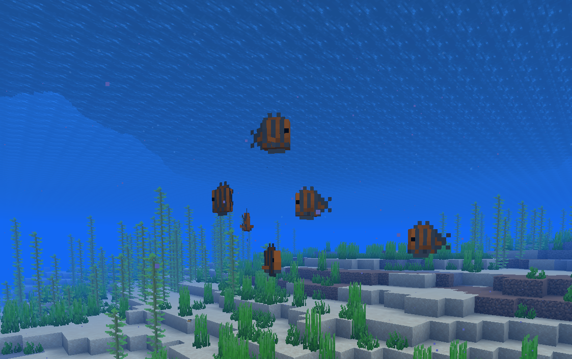 Banc de poissons tropicaux nageant dans un océan chaud de Minecraft.