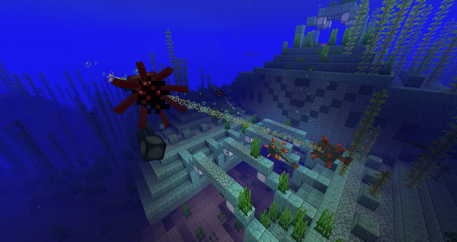 Poulpe de Minecraft attaqué par des gardiens sous l’eau.