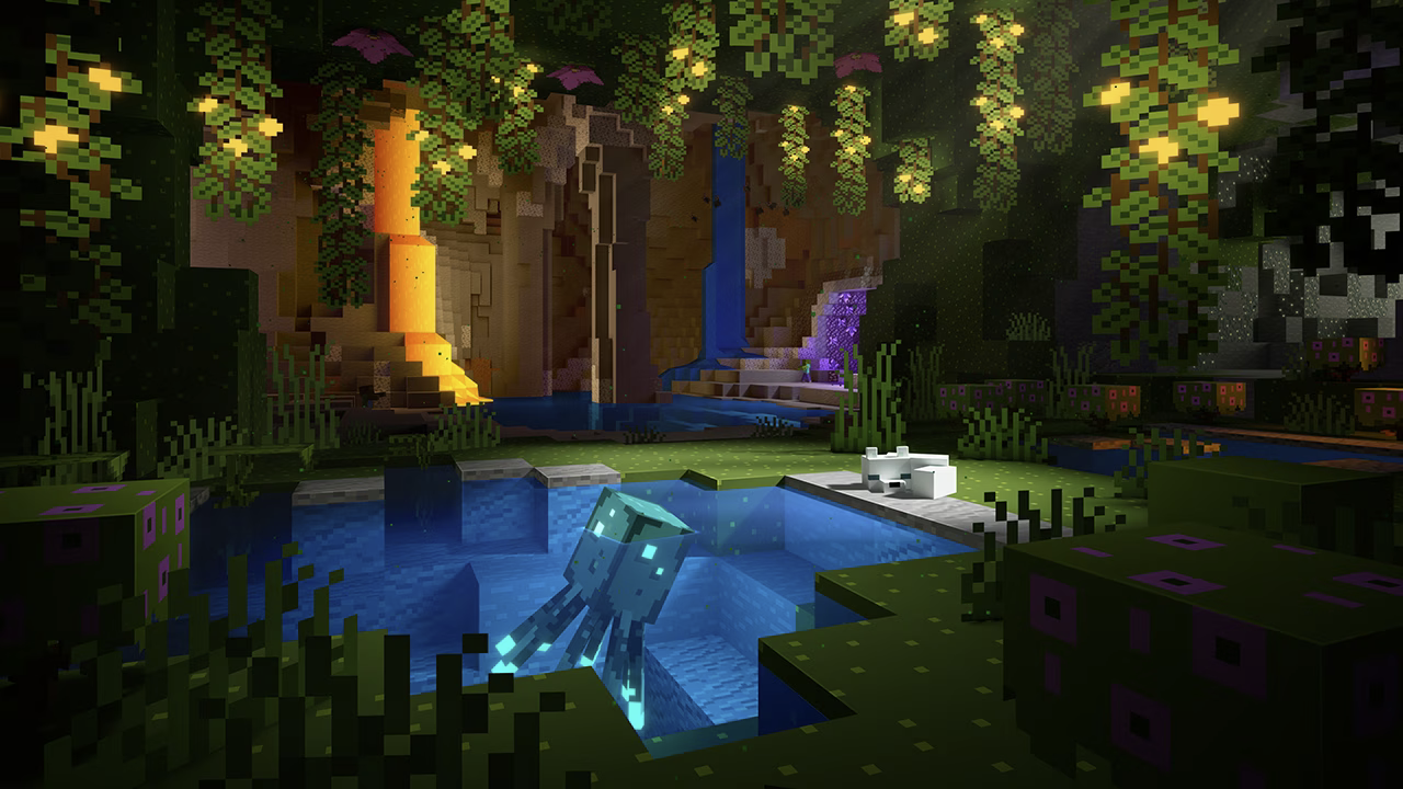 Poulpe luisant nageant dans une caverne luxuriante de Minecraft.