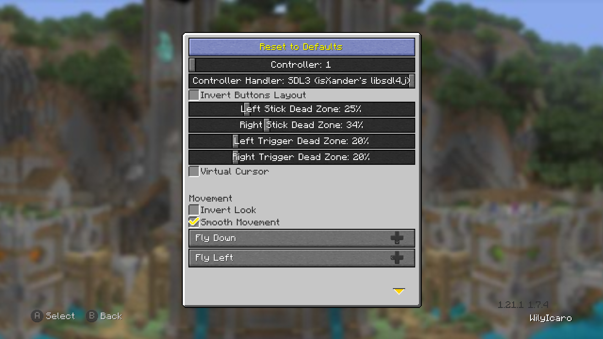 Écran de configuration de la manette ajouté par Legacy4J dans Minecraft Java