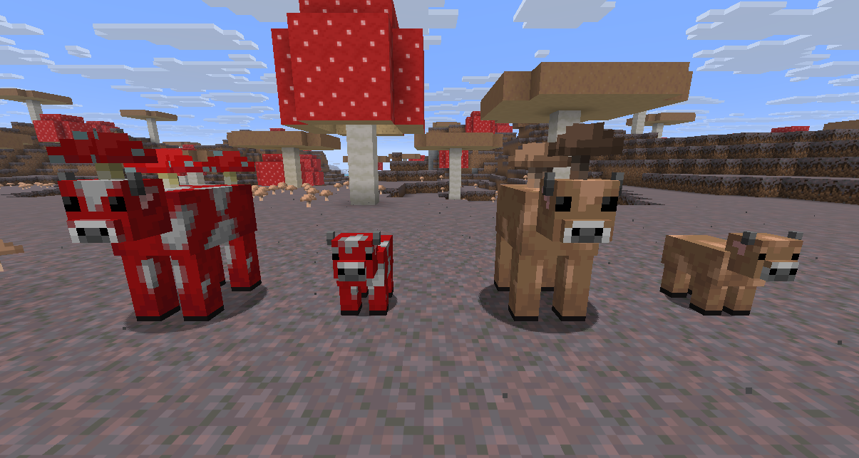 Deux Mooshrooms de Minecraft en reproduction avec un bébé Mooshroom dans les champs de champignons.