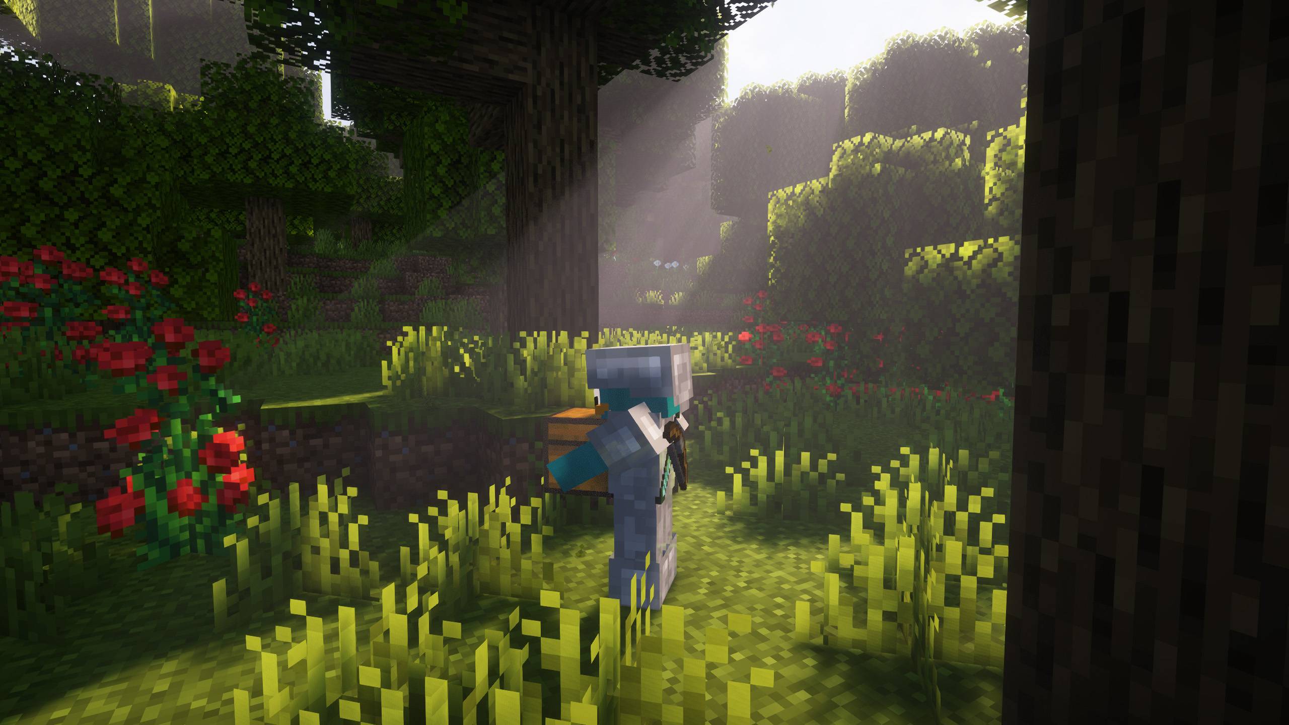 Paysage Minecraft avec shader actif dans le modpack More Realistic, montrant les effets de lumière et d’ombres