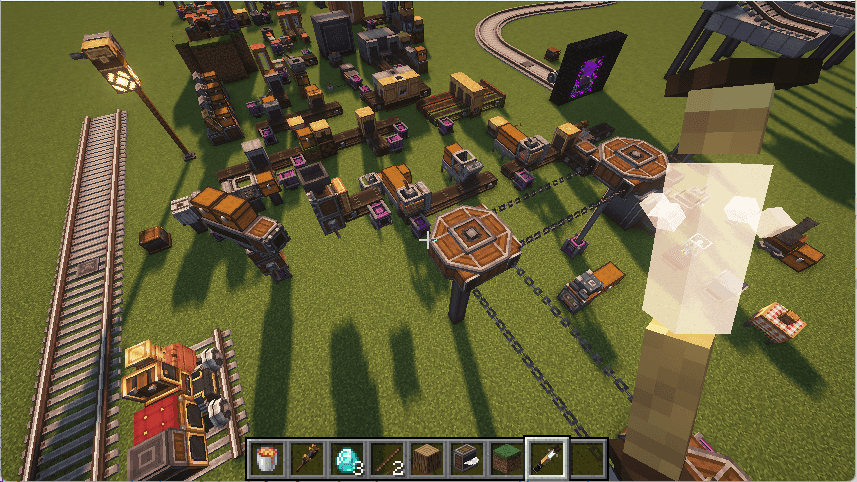 Create Fly avec shaders dans Minecraft Machines et mécanismes de Create Fly affichés avec un shaderpack dans Minecraft