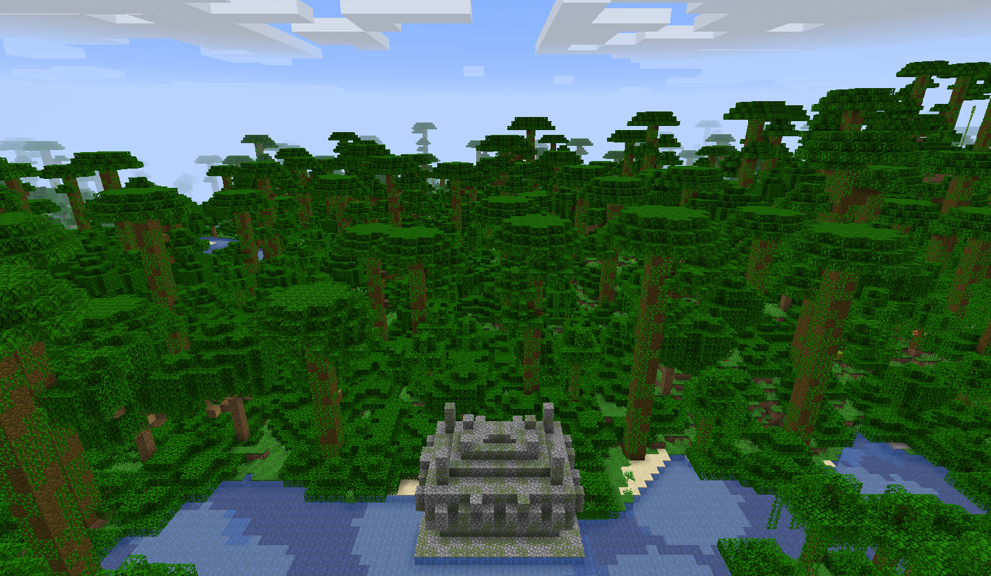 Temple de la jungle de Minecraft caché entre les arbres et les lianes.
