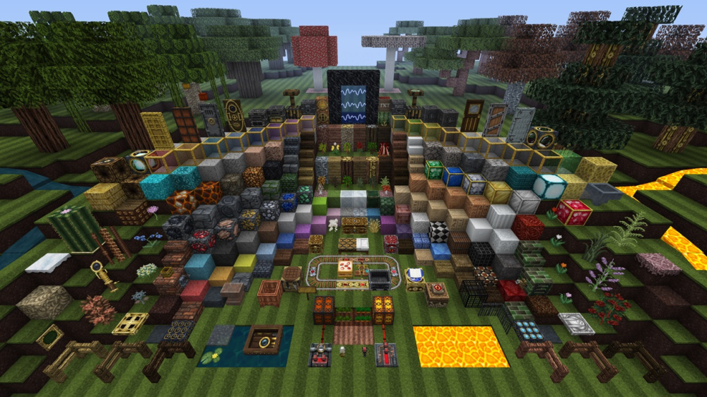 Ensemble des blocs, minerais, objets et éléments décoratifs recolorés par le Steampunk Texture Pack dans Minecraft.