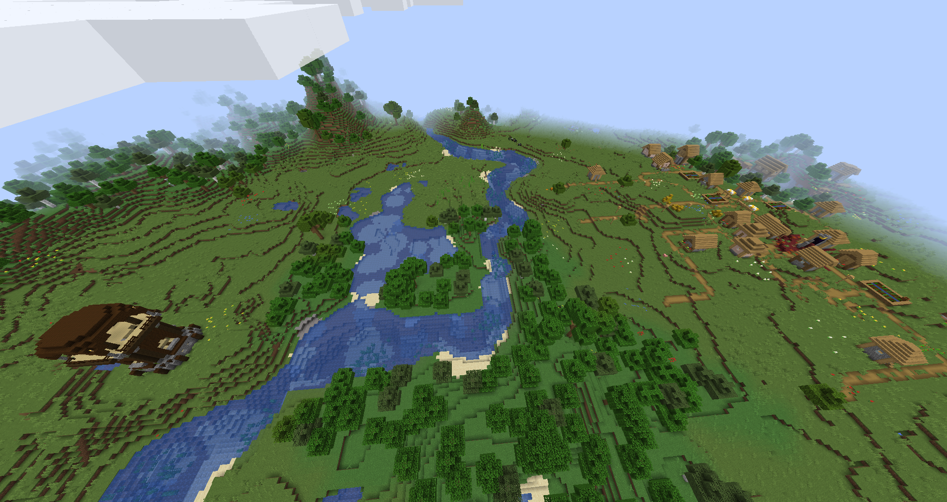 Village et avant-poste de pillards générés dans une Prairie de Minecraft.