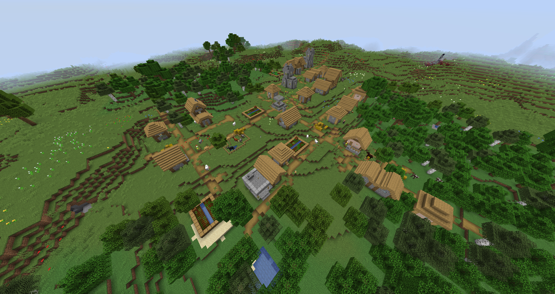 Village des plaines dans Minecraft avec maisons en chêne, chemins et cultures.