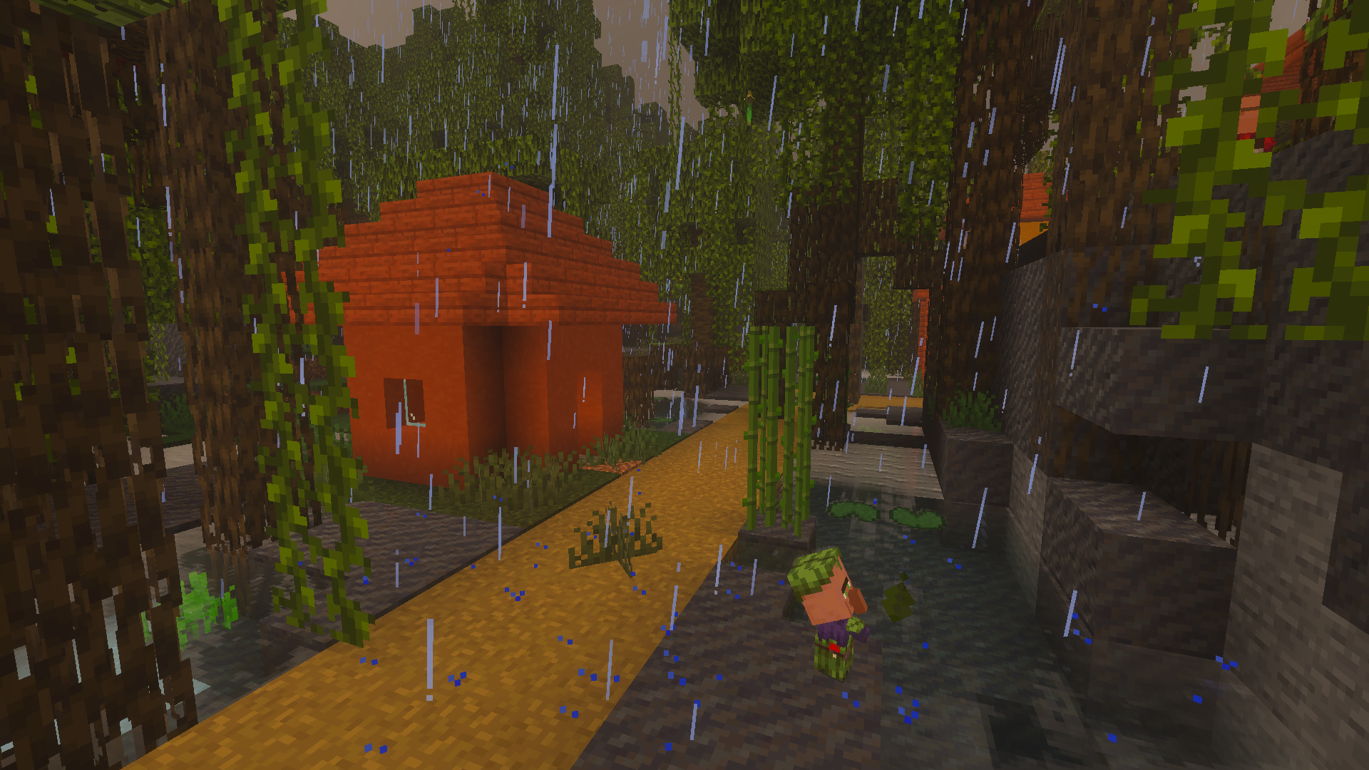 Village situé près de la limite d’un marais à mangroves dans Minecraft.
