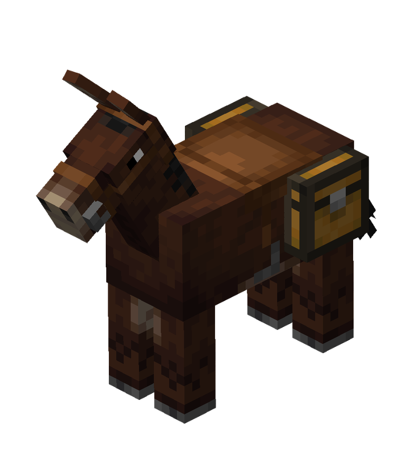 Mule apprivoisée de Minecraft équipée d’une selle et d’un coffre sur le dos.