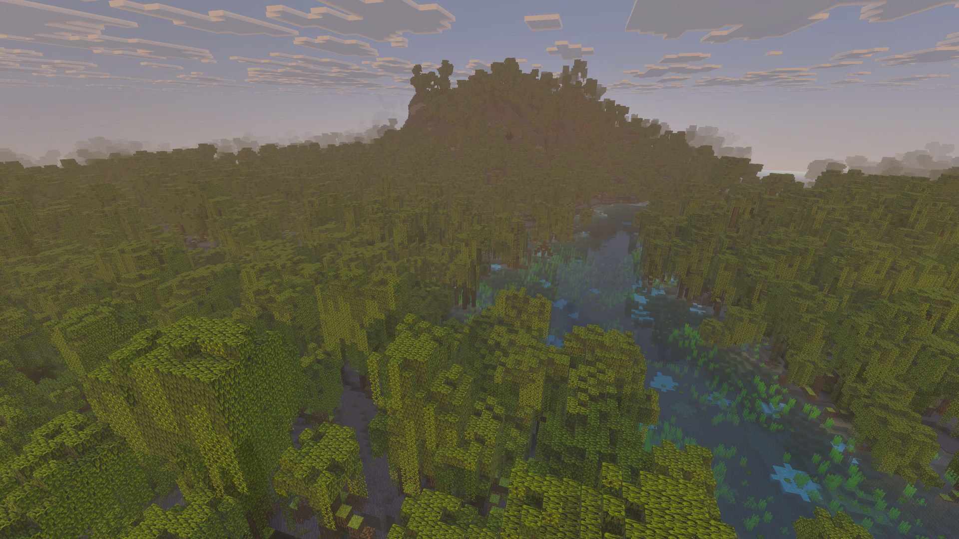 Vue aérienne d’un marais à mangroves dans Minecraft, avec une canopée de palétuviers et des zones d’eau.