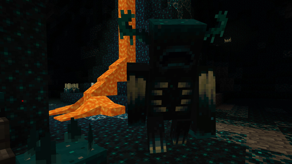 Warden dans les abîmes de Minecraft, entouré de blocs de sculk.