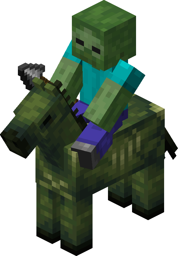 Zombie armé d’une lance chevauchant un cheval zombie dans Minecraft.