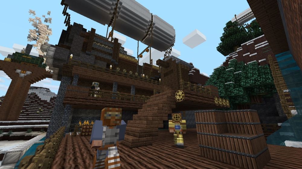 Navire steampunk en bois et métal surmonté d’un grand ballon dirigeable dans Minecraft.