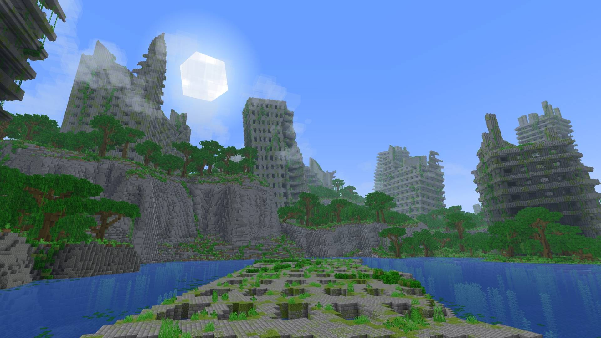 Accès à une île de survie avec des immeubles abandonnés dans Minecraft