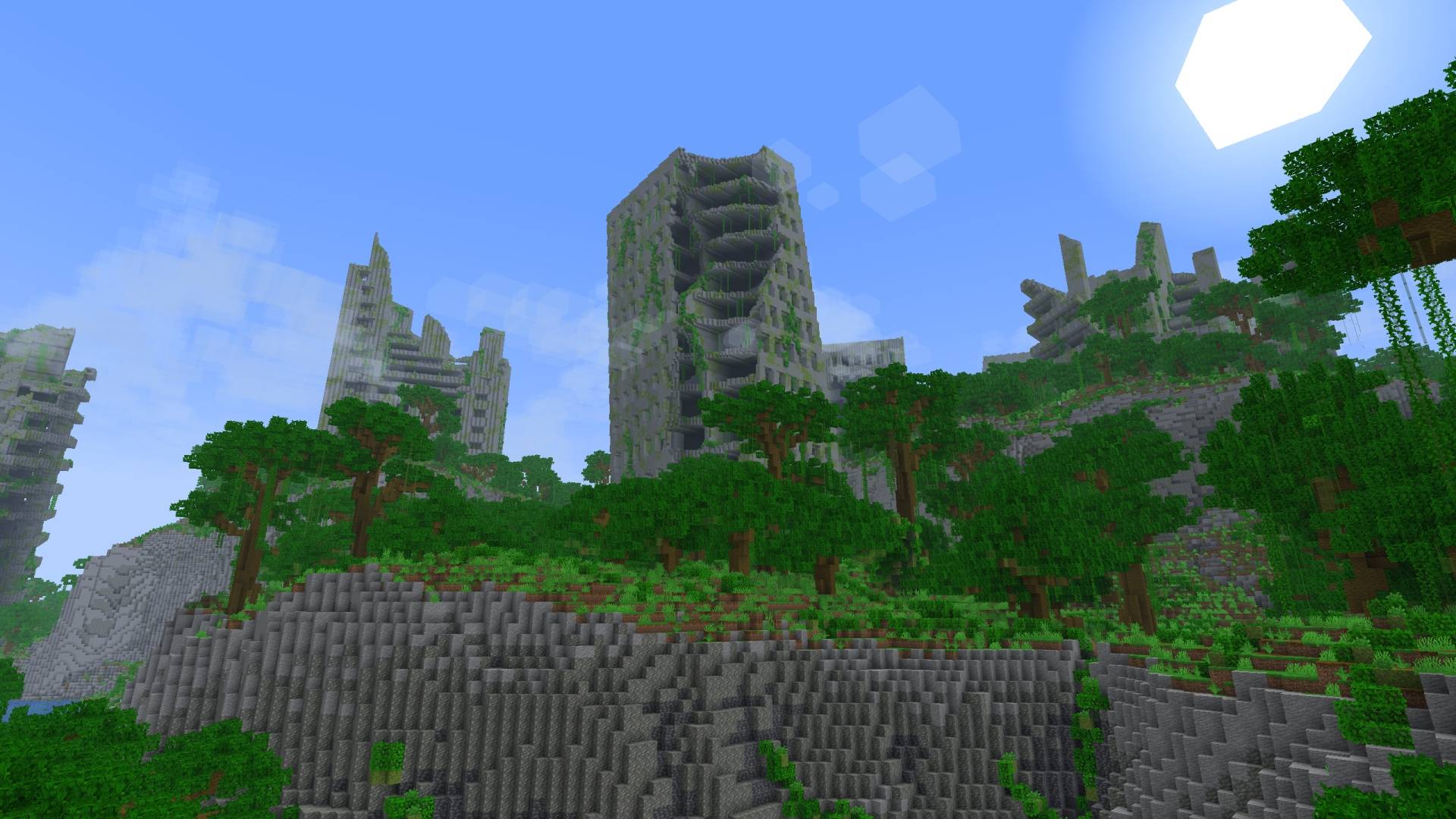 Falaise boisée avec immeubles abandonnés sur une carte Minecraft