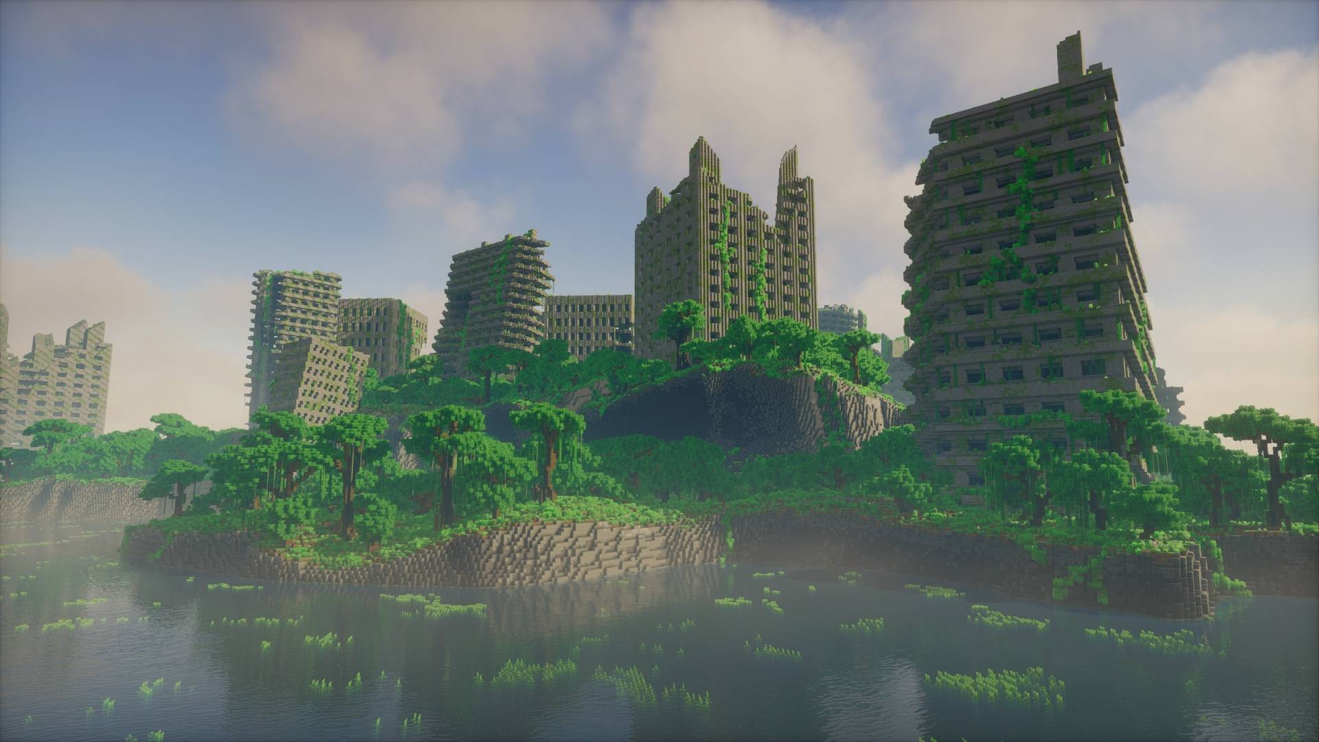 Île de survie avec ville abandonnée et immeubles en ruine dans Minecraft