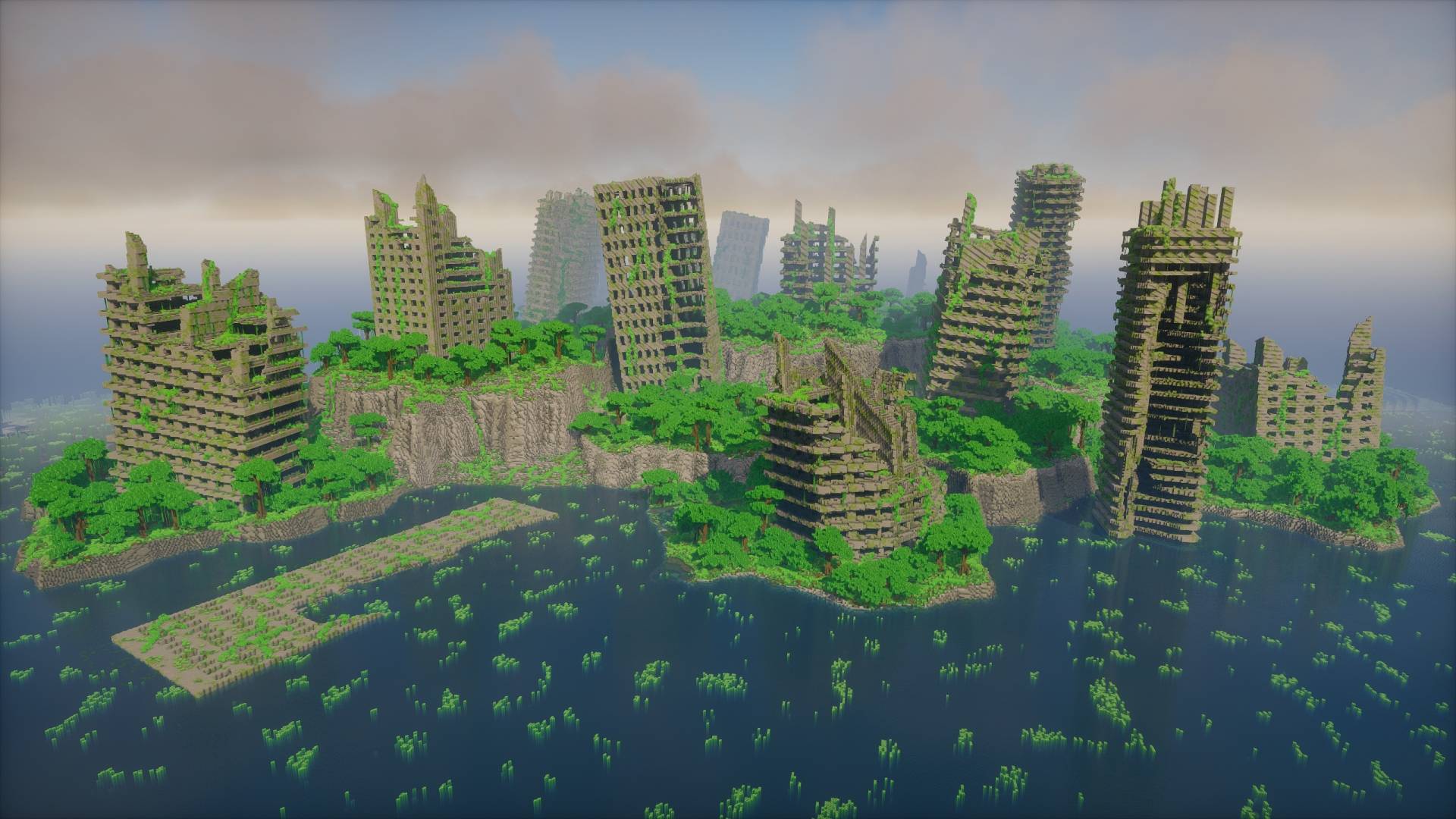 Vue large de l’île Abandoned Overgrown City avec plusieurs immeubles détruits
